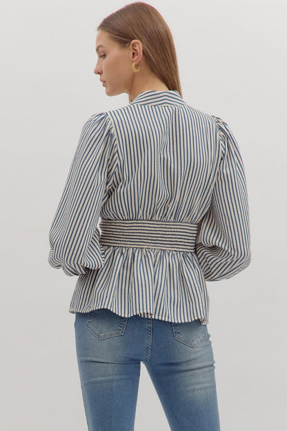 Hampton Stripe Smocked Peplum Top - Navy