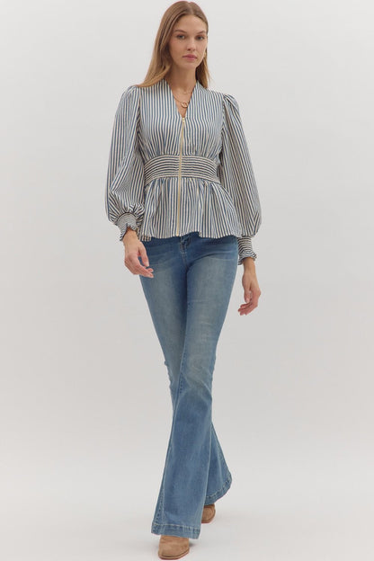 Hampton Stripe Smocked Peplum Top - Navy