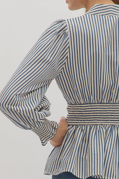 Hampton Stripe Smocked Peplum Top - Navy