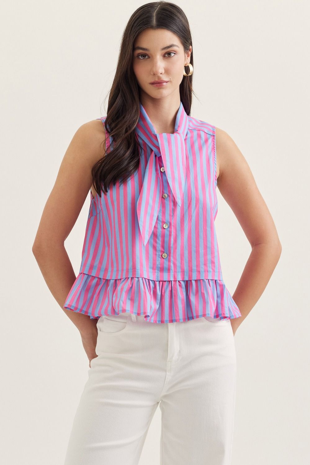 Vera Striped Tie Neck Top - Blue/Pink - Delta Swanky Girl