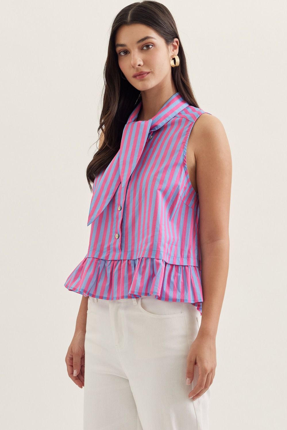 Vera Striped Tie Neck Top - Blue/Pink - Delta Swanky Girl
