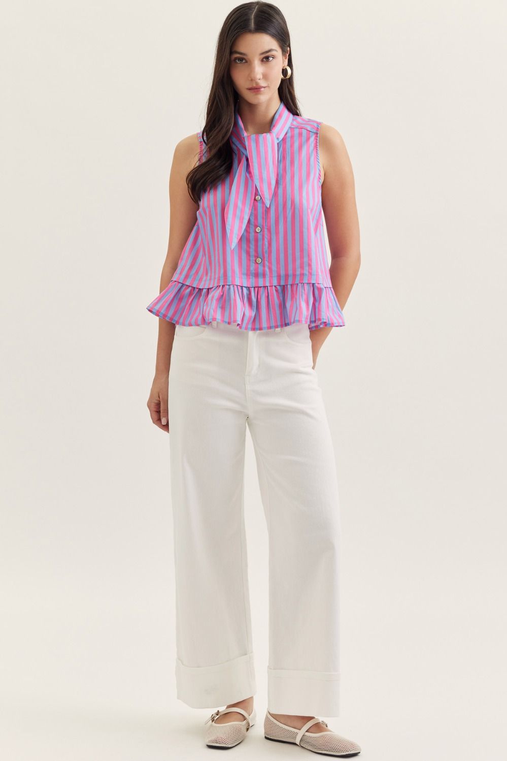 Vera Striped Tie Neck Top - Blue/Pink - Delta Swanky Girl