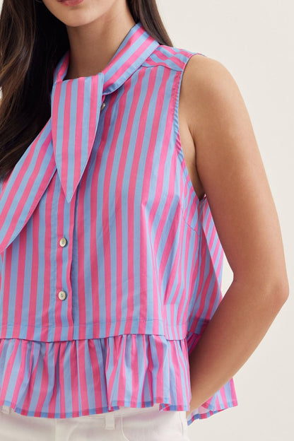 Vera Striped Tie Neck Top - Blue/Pink - Delta Swanky Girl