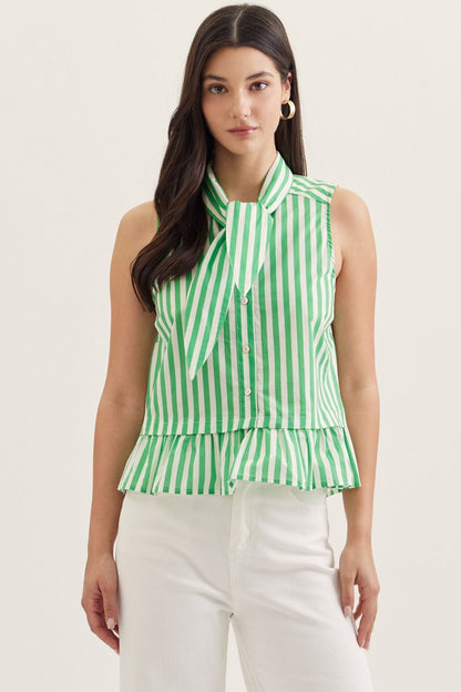 Vera Striped Tie Neck Top - Green - Delta Swanky Girl