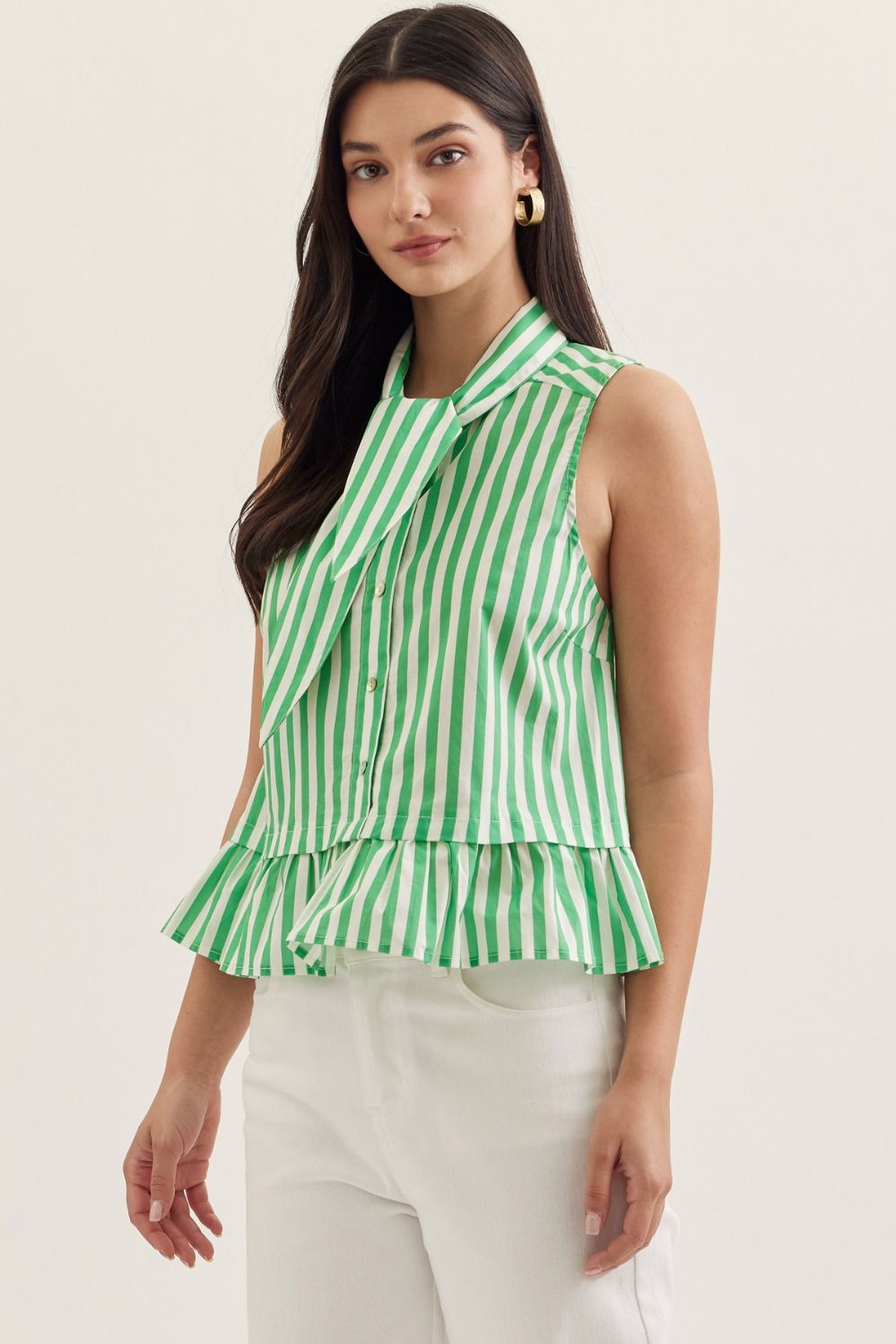 Vera Striped Tie Neck Top - Green - Delta Swanky Girl