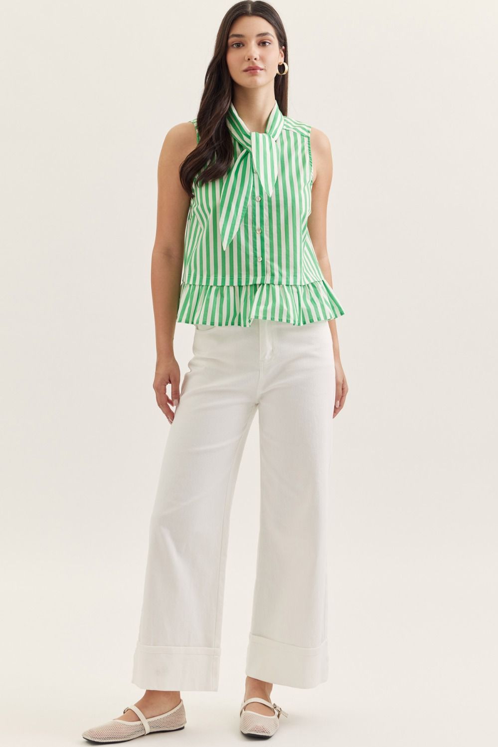 Vera Striped Tie Neck Top - Green - Delta Swanky Girl