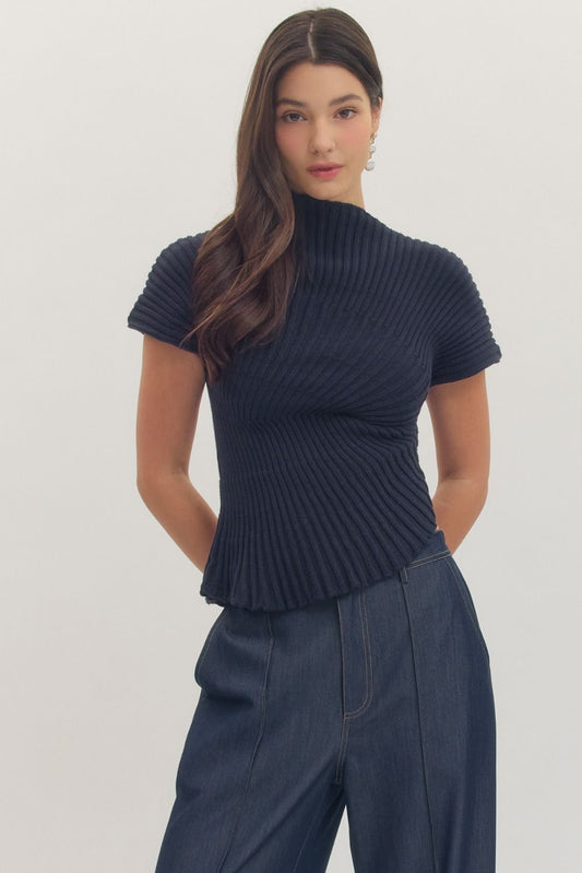 Gaia Asymmetrical Mock Neck Top - Navy