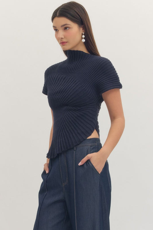 Gaia Asymmetrical Mock Neck Top - Navy