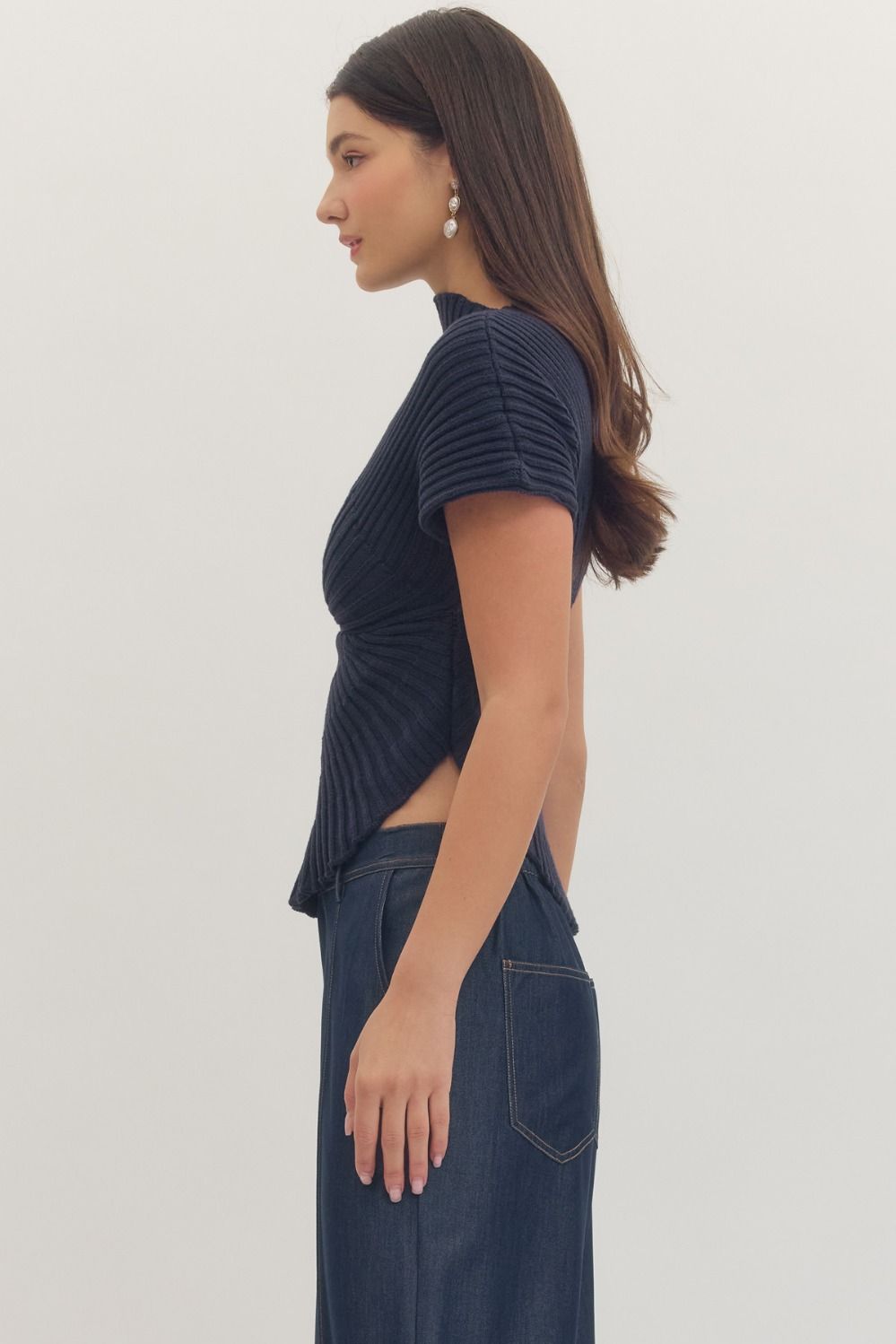 Gaia Asymmetrical Mock Neck Top - Navy - Delta Swanky Girl