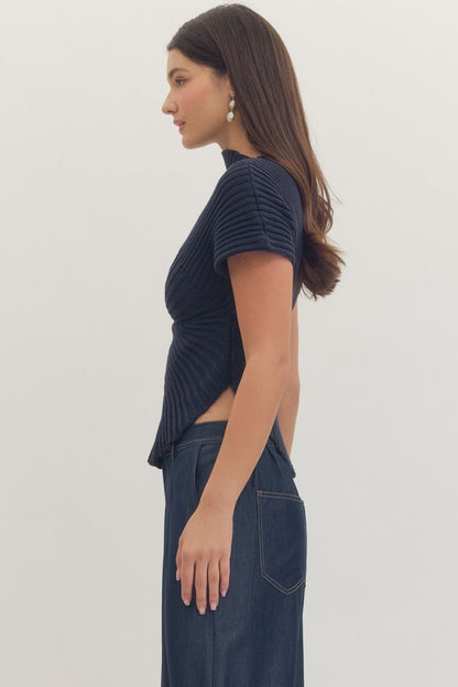 Gaia Asymmetrical Mock Neck Top - Navy - Delta Swanky Girl