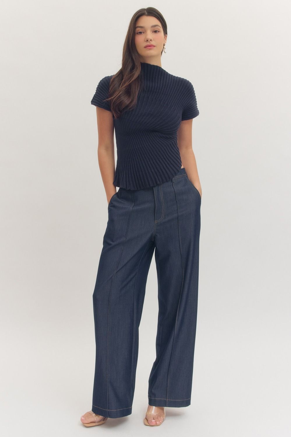 Gaia Asymmetrical Mock Neck Top - Navy - Delta Swanky Girl