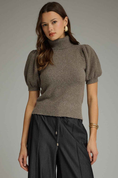Runway Mock Neck Puff Sleeve Sweater - Mocha