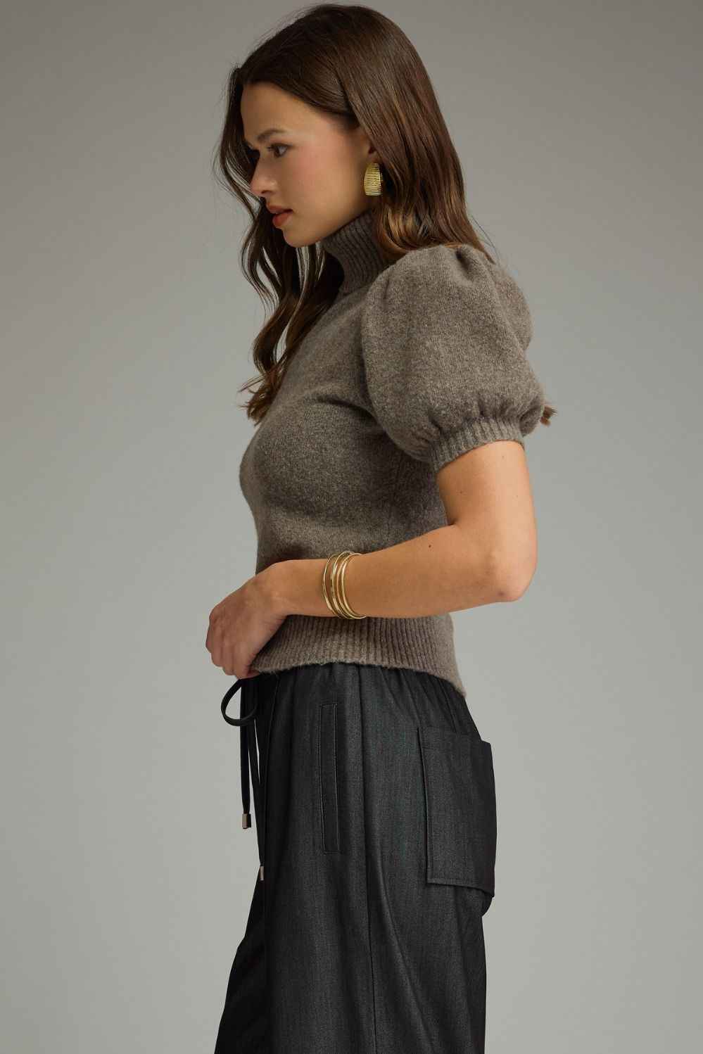 Runway Mock Neck Puff Sleeve Sweater - Mocha