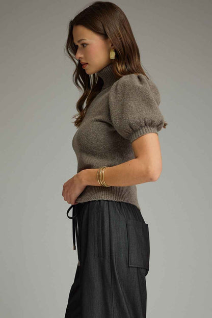 Runway Mock Neck Puff Sleeve Sweater - Mocha