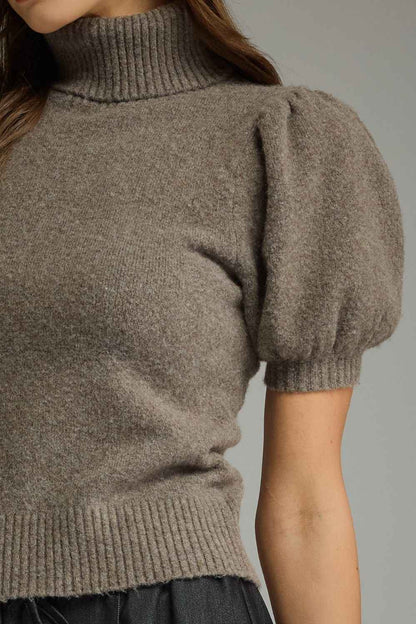 Runway Mock Neck Puff Sleeve Sweater - Mocha