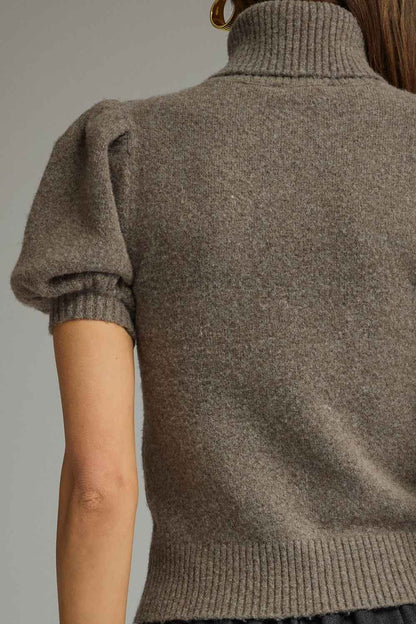 Runway Mock Neck Puff Sleeve Sweater - Mocha