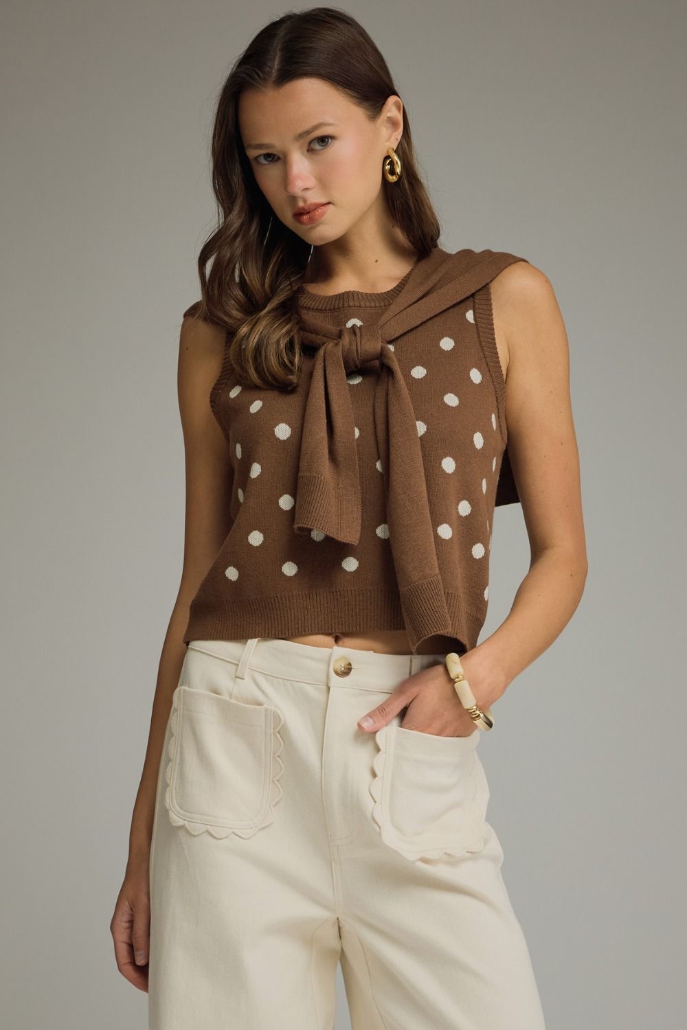 The Brown Polka Prep Top | Sleeveless Knit Top with Attached Scarf Detail
