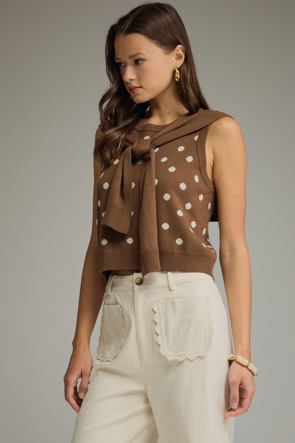 The Brown Polka Prep Top | Sleeveless Knit Top with Attached Scarf Detail