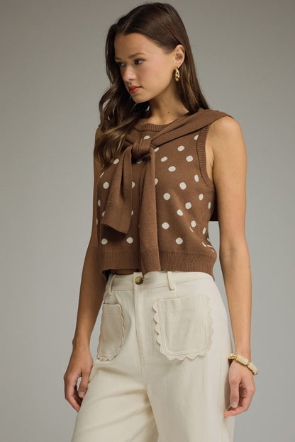 The Brown Polka Prep Top | Sleeveless Knit Top with Attached Scarf Detail