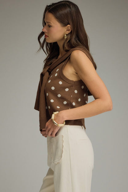 The Brown Polka Prep Top | Sleeveless Knit Top with Attached Scarf Detail