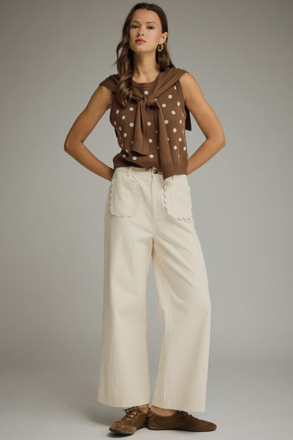 The Brown Polka Prep Top | Sleeveless Knit Top with Attached Scarf Detail