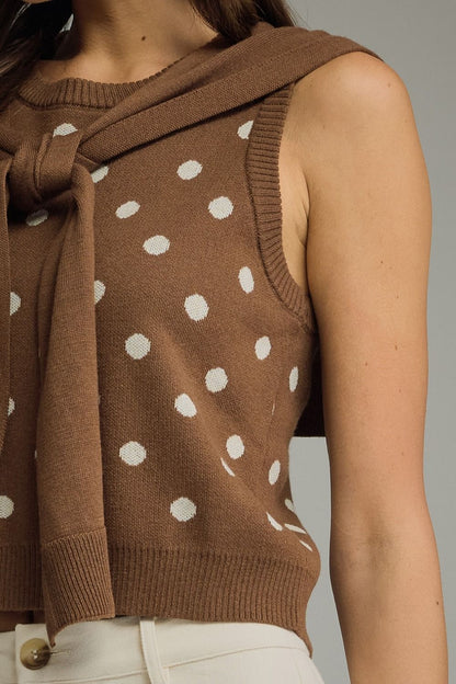 The Brown Polka Prep Top | Sleeveless Knit Top with Attached Scarf Detail