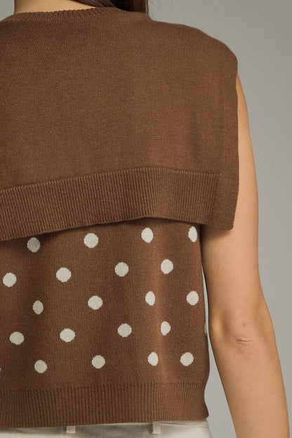 The Brown Polka Prep Top | Sleeveless Knit Top with Attached Scarf Detail