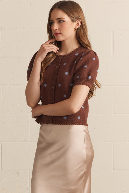 Chestnut Polka Dot Puff Sleeve Button Sweater - Brown