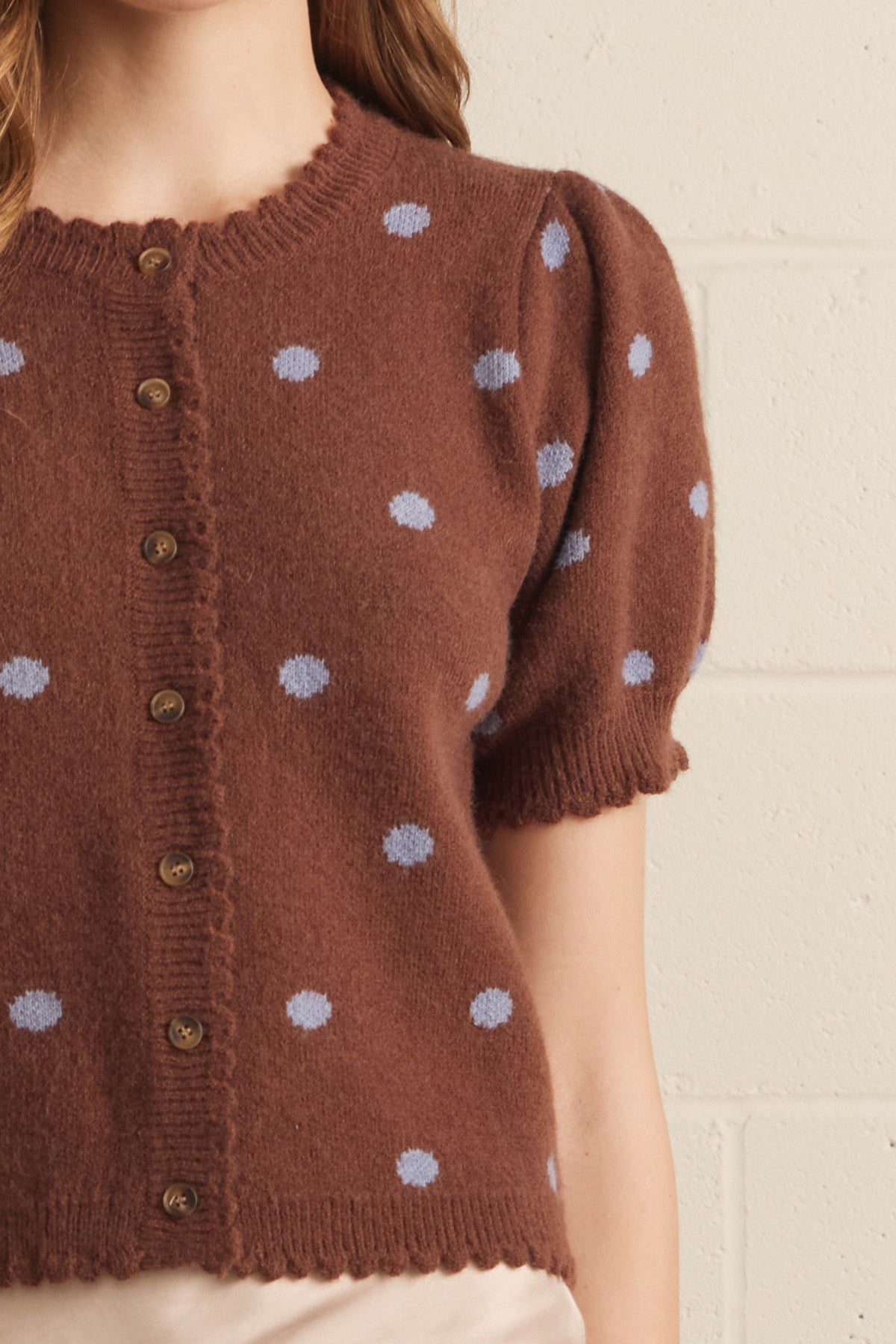 Chestnut Polka Dot Puff Sleeve Button Sweater - Brown