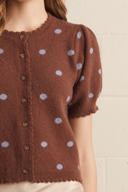 Chestnut Polka Dot Puff Sleeve Button Sweater - Brown