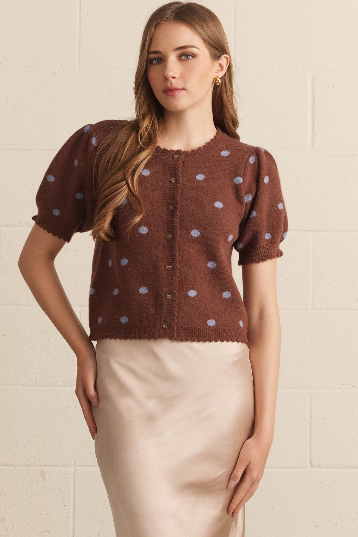 Chestnut Polka Dot Puff Sleeve Button Sweater - Brown