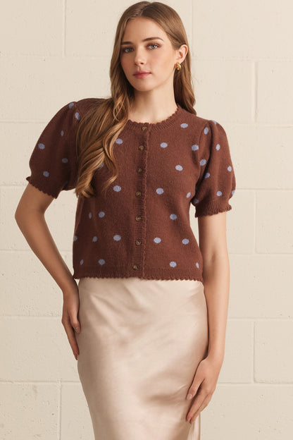 Chestnut Polka Dot Puff Sleeve Button Sweater - Brown