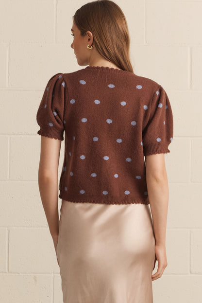 Chestnut Polka Dot Puff Sleeve Button Sweater - Brown