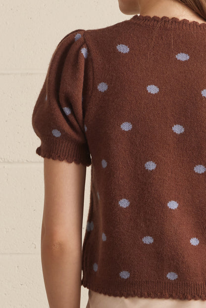 Chestnut Polka Dot Puff Sleeve Button Sweater - Brown