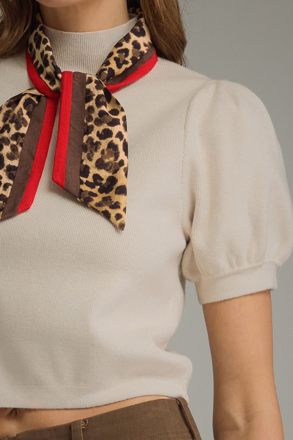 The Ecru Charm Top | Puff Sleeve Knit Top with Leopard Scarf Detail