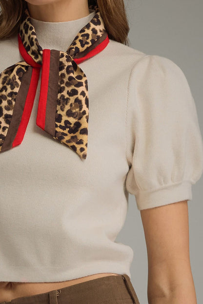 The Ecru Charm Top | Puff Sleeve Knit Top with Leopard Scarf Detail