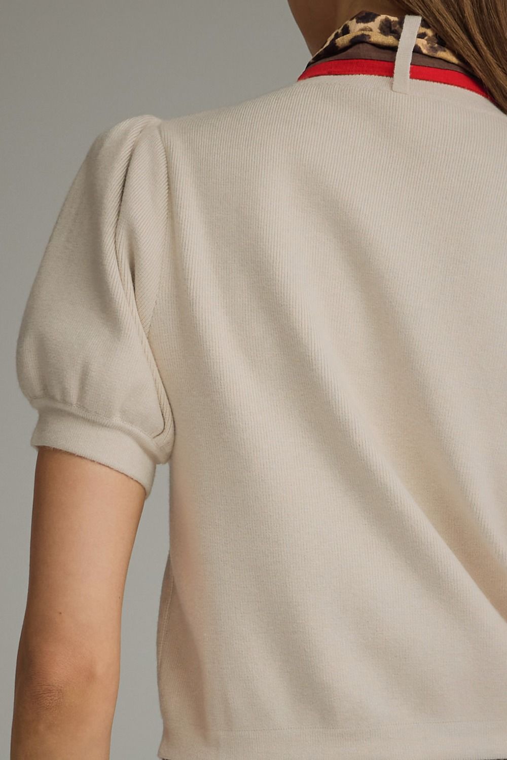 The Ecru Charm Top | Puff Sleeve Knit Top with Leopard Scarf Detail