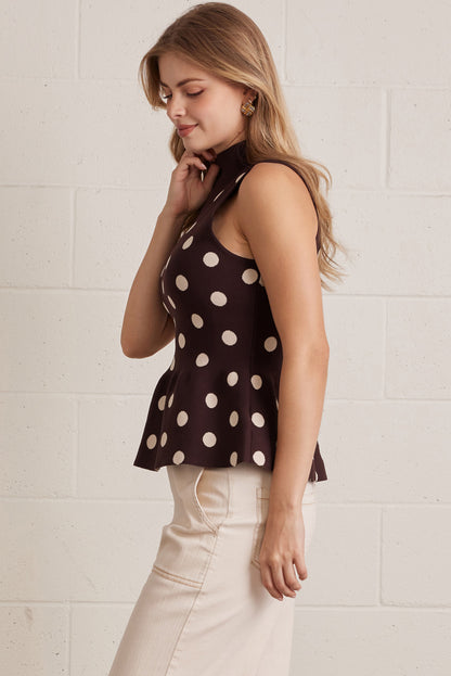 The Brown Dot Delight Top | Sleeveless Polka Dot Peplum Top