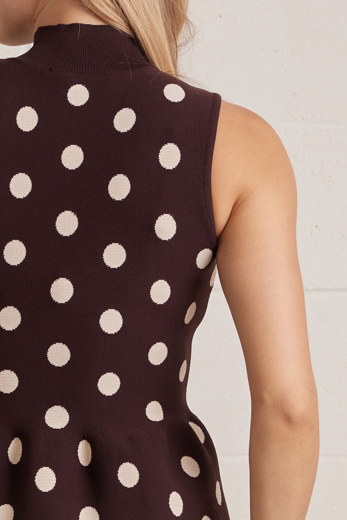 The Brown Dot Delight Top | Sleeveless Polka Dot Peplum Top