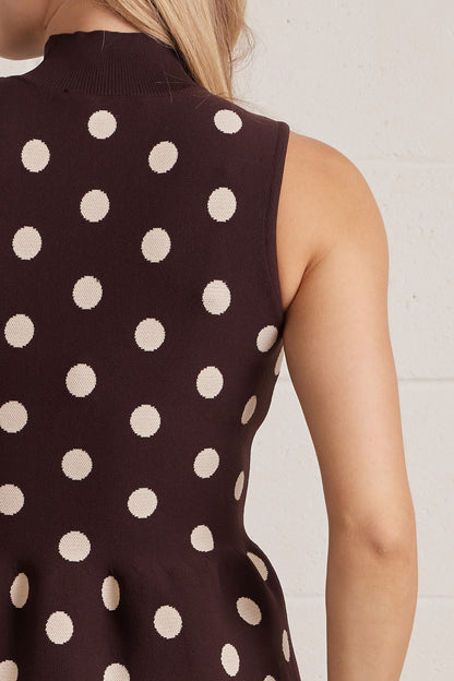 The Brown Dot Delight Top | Sleeveless Polka Dot Peplum Top
