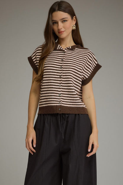 The Cocoa Café Top | Striped Collared Button Front Sweater