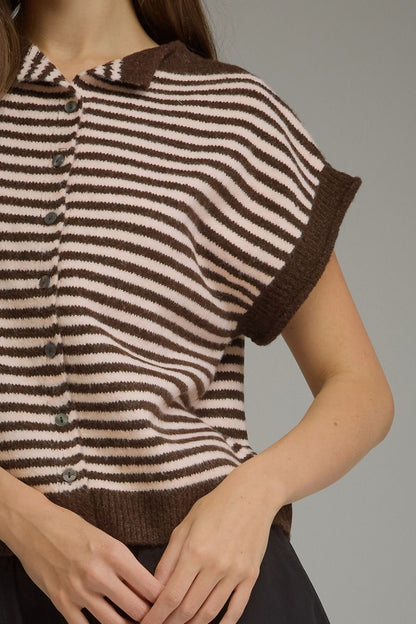The Cocoa Café Top | Striped Collared Button Front Sweater