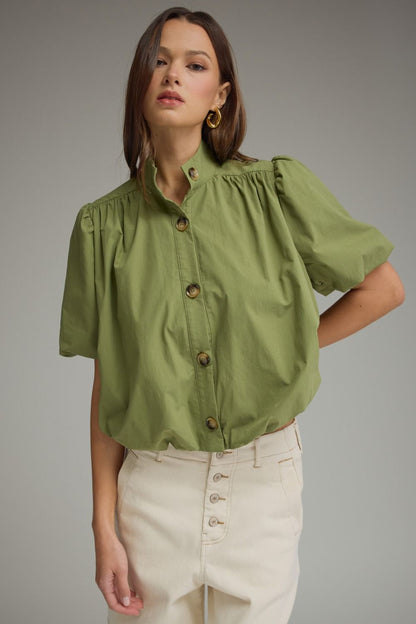 The Olive Daydream Top | Cotton Puff Sleeve Bubble Hem Blouse