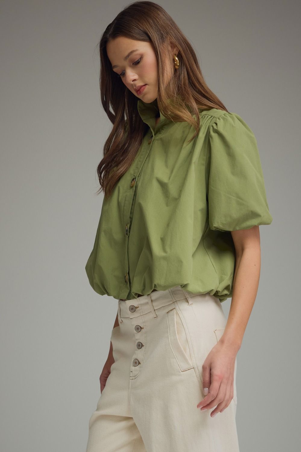 The Olive Daydream Top | Cotton Puff Sleeve Bubble Hem Blouse