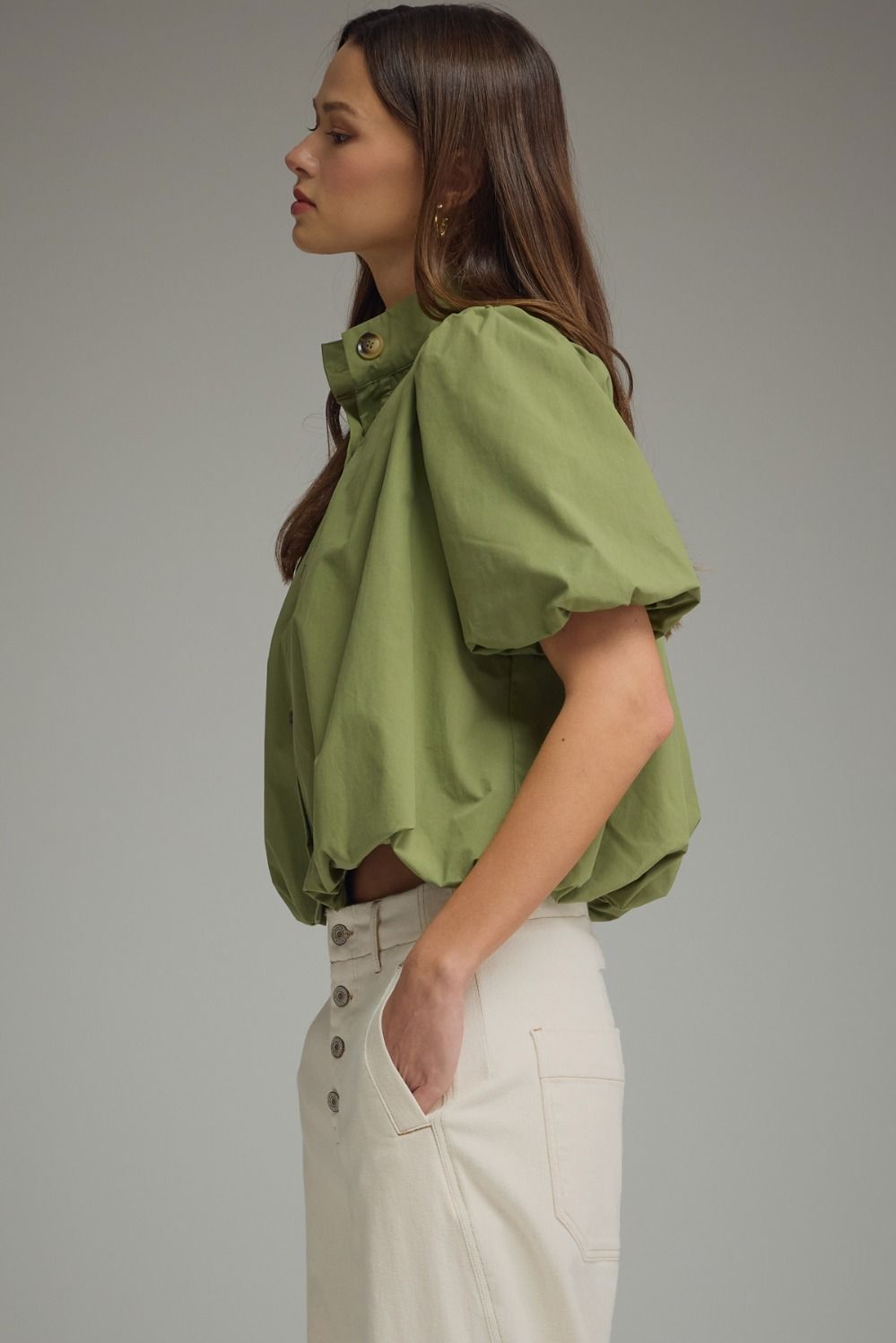 The Olive Daydream Top | Cotton Puff Sleeve Bubble Hem Blouse
