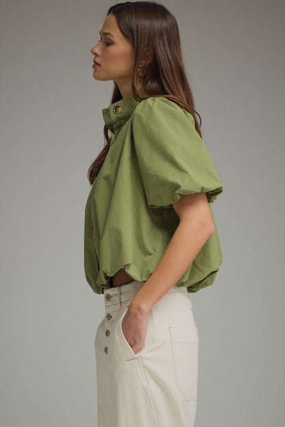 The Olive Daydream Top | Cotton Puff Sleeve Bubble Hem Blouse