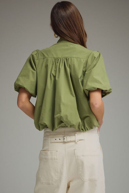 The Olive Daydream Top | Cotton Puff Sleeve Bubble Hem Blouse