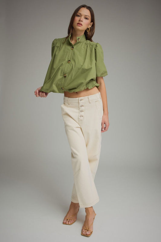 The Olive Daydream Top | Cotton Puff Sleeve Bubble Hem Blouse