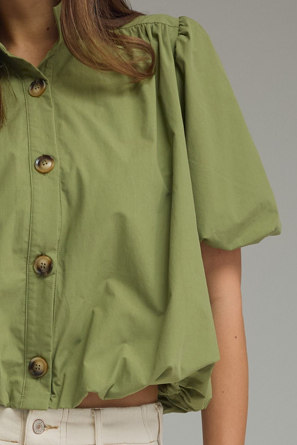 The Olive Daydream Top | Cotton Puff Sleeve Bubble Hem Blouse