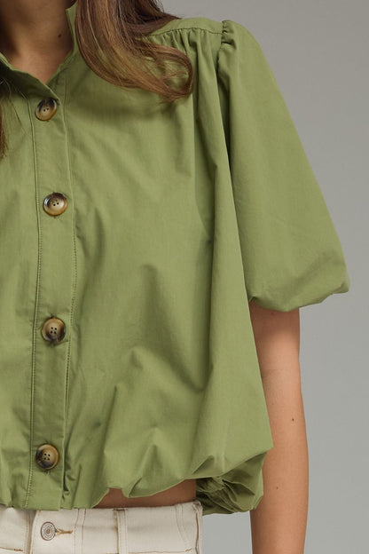 The Olive Daydream Top | Cotton Puff Sleeve Bubble Hem Blouse